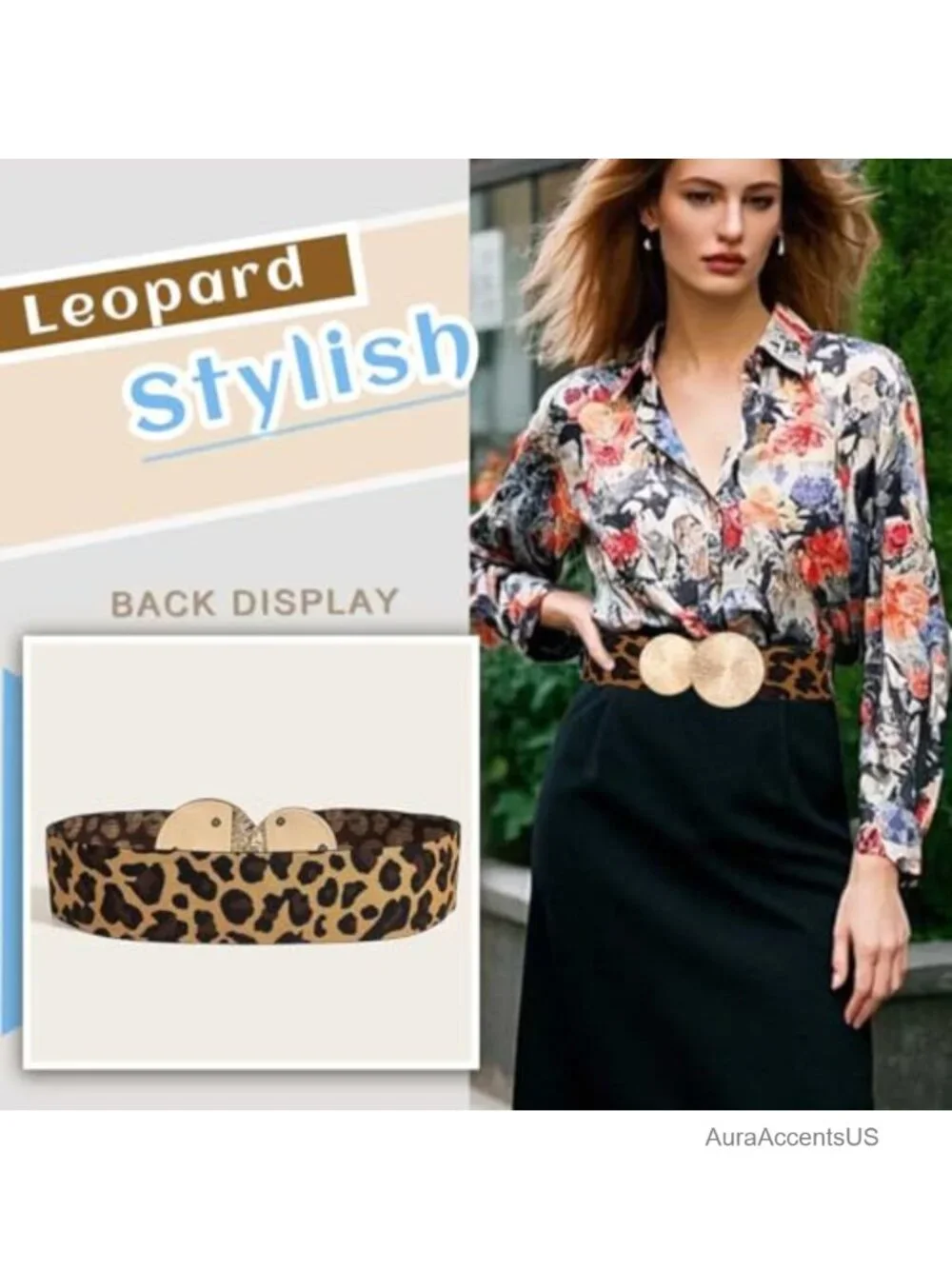 Wide Elastic Waist Belt Gold Sunburst Buckle Cinch Belt for Dresses